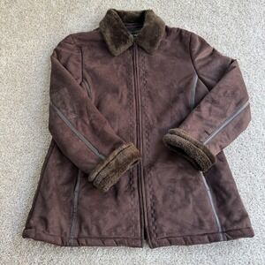 Regent Park Coat Womens Large Brown Microfiber Faux Fur Trim Full Zip Lined